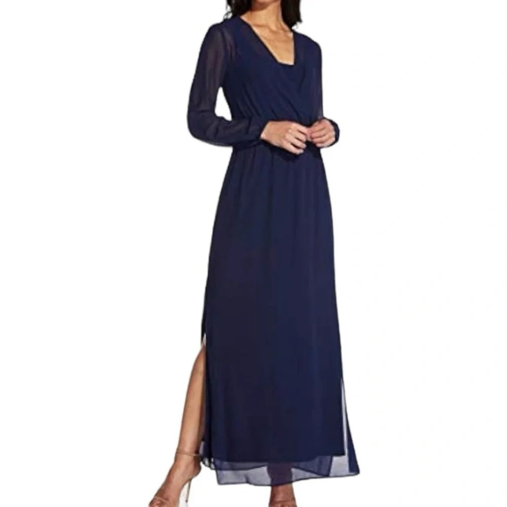 NWT ADRIANNA PAPELL Navy Long Sleeve Chiffon Maxi Evening Dress Size XS